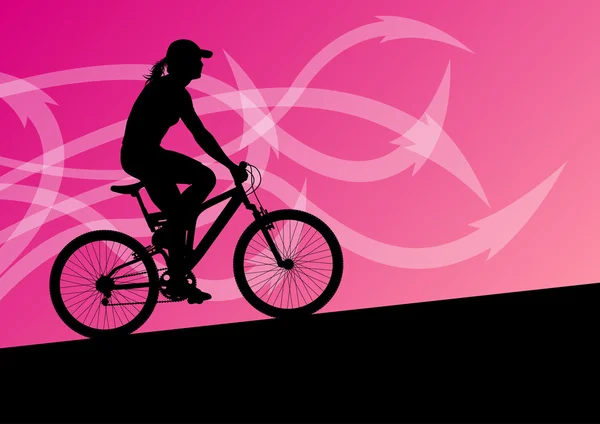 Aktif kadın bisikletçi bisiklet binici ok çizgi landsc — Stok Vektör