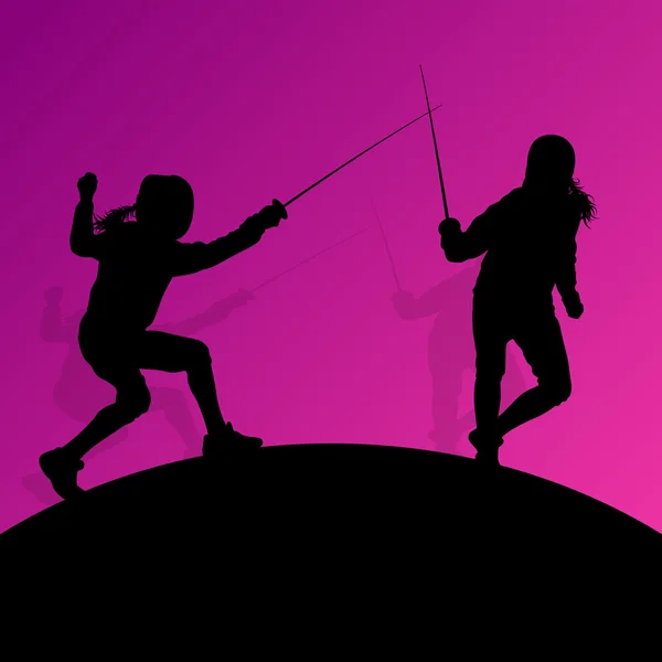 Фехтование активных молодых подростков меч борьбы спортивные силуэты v — стоковый вектор