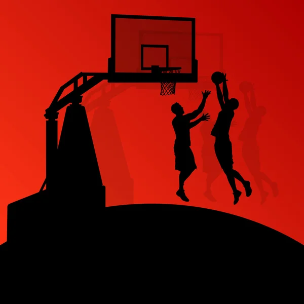 Giocatori di basket giovani silhouette sportive attive vettore backgro — Vettoriale Stock