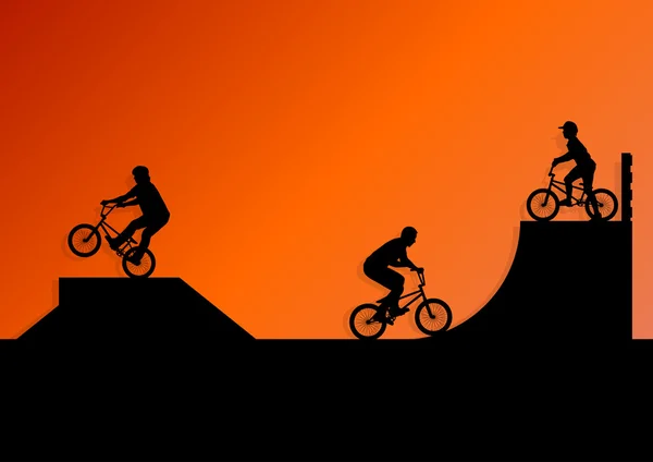 Ciclistas extremos ciclistas niños activos deporte silueta — Vector de stock