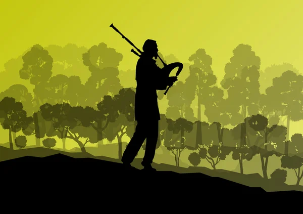 Scottish bagpiper silhouette landscape vector background concept — Stock Vector