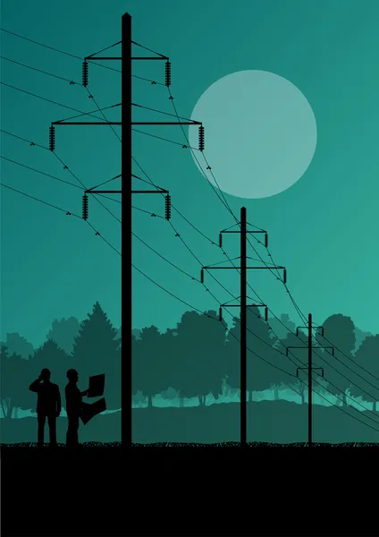 Electricity high power voltage line with construction engineers — Stock Vector