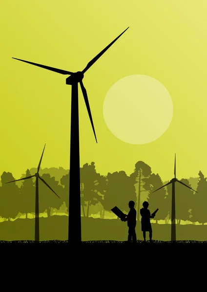 Générateurs d'électricité éolienne avec des ingénieurs en électricité dans le pays — Image vectorielle