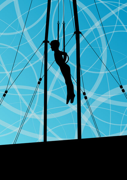Active and strong children in gymnastics rings sport silhouette