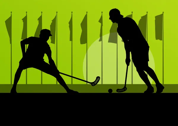 Floorball player vector silhouette background landscape with fla — Stock Vector
