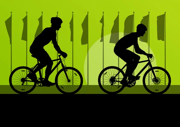 Sport weg fiets renners en fietsen gedetailleerde silhouetten in fron — Stockvector