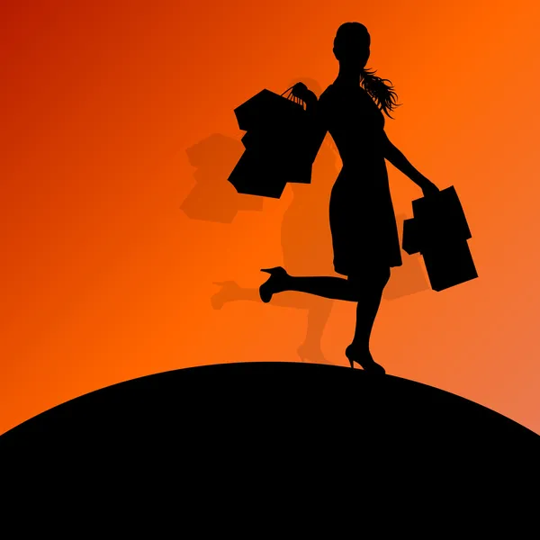 Femme active avec sacs à provisions silhouette vecteur fond abs — Image vectorielle