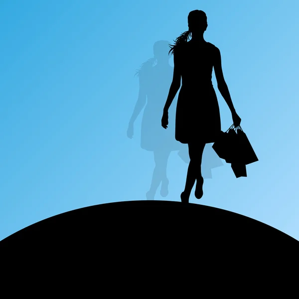 Donna attiva con borse shopping silhouette vettore sfondo abs — Vettoriale Stock