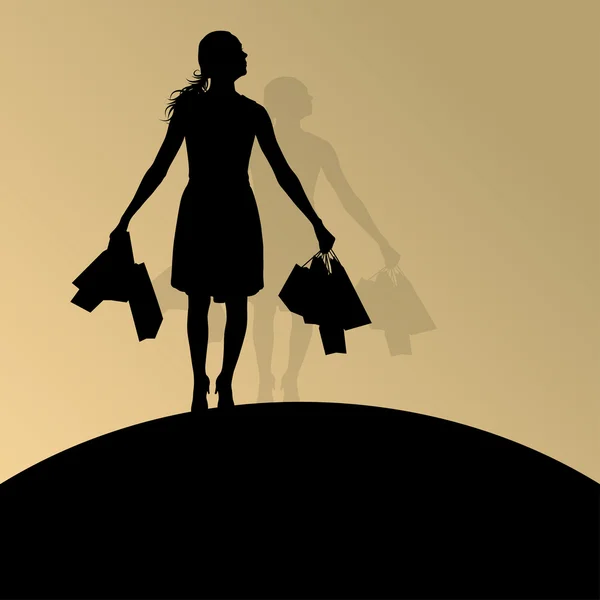 Active woman with shopping bags silhouette vector background abs — Stock Vector