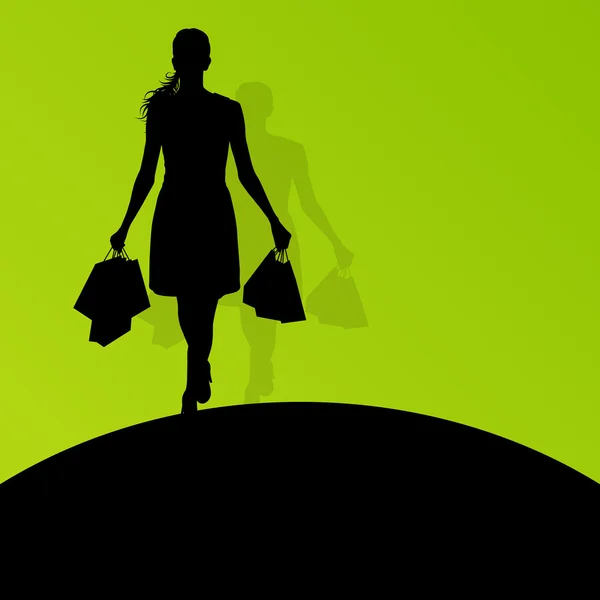 Femme active avec sacs à provisions silhouette vecteur fond abs — Image vectorielle