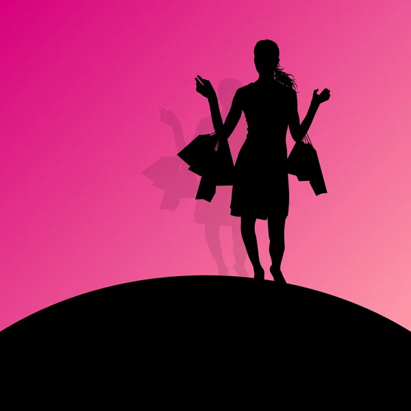Mulher ativa com sacos de compras silhueta vetor fundo abs —  Vetores de Stock