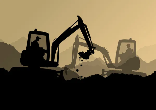 Excavatrice bulldozer chargeuses, tracteurs et travailleurs creusant à ind — Image vectorielle