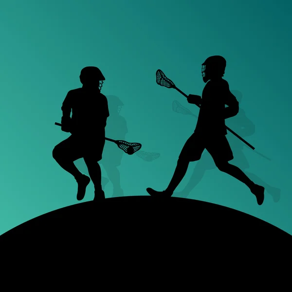 Joueurs de crosse hommes actifs silhouettes sportives fond illust — Image vectorielle