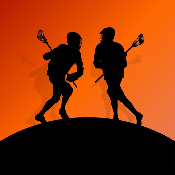 Lacrosse players active men sports silhouettes background illust — Stock Vector