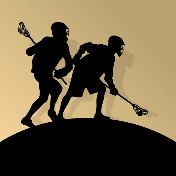 Lacrosse players active men sports silhouettes background illust — Stock Vector