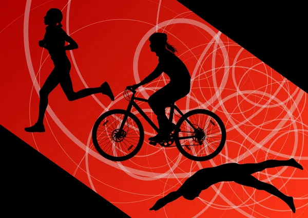 Марафон тріатлону активні молоді жінки, які плавають на велосипеді та бігунах — стоковий вектор