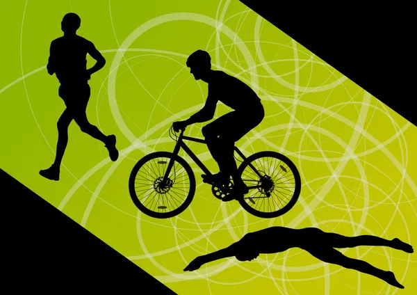 Активные юноши триатлонного марафона плавание на велосипеде и бег — стоковый вектор