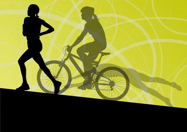 铁人三项赛马拉松活跃的年轻女性游泳骑自行车和特权 — 图库矢量图片