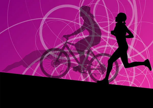 Maratón de triatlón mujeres jóvenes activas nadando en bicicleta y runni — Vector de stock