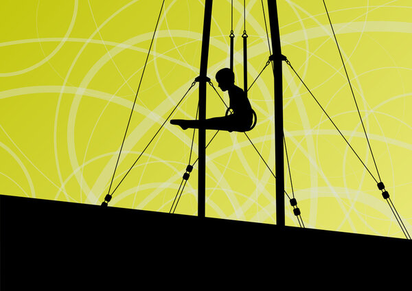 Active and strong children in gymnastics rings sport silhouette