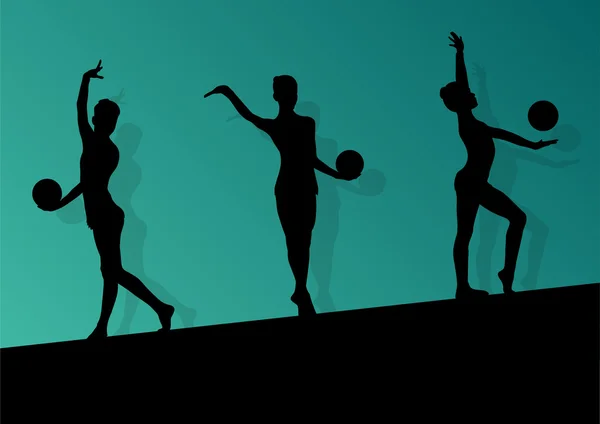 Aktív fiatal lány tornászok sziluettek akrobatika a labda abstra — Stock Vector