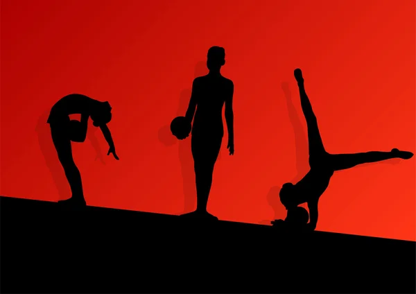 Actieve jonge meisje gymnasten silhouetten acrobatiek bal abstra — Stockvector