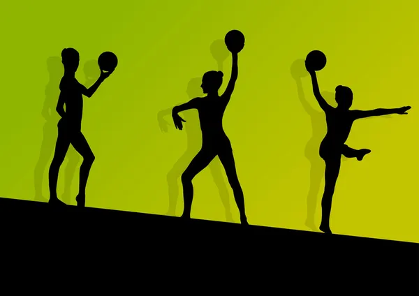 Active jeune fille gymnastes silhouettes en acrobatie balle abstra — Image vectorielle