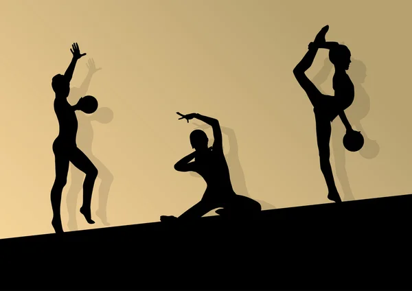 Actieve jonge meisje gymnasten silhouetten acrobatiek bal abstra — Stockvector