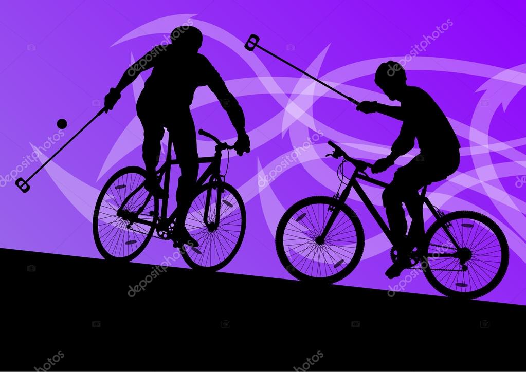 Bike polo game players active men cyclists bicycle riders in abs Stock