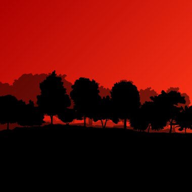 Orman ağaçlarının silhouettes doğal vahşi manzara detaylı illustr