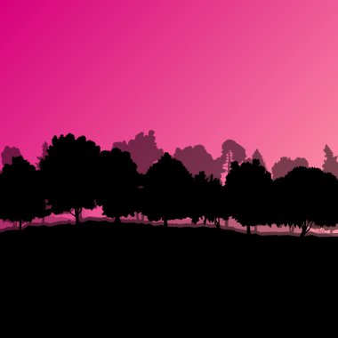 Orman ağaçlarının silhouettes doğal vahşi manzara detaylı illustr