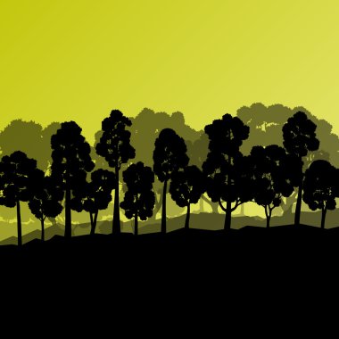 Orman ağaçlarının silhouettes doğal vahşi manzara detaylı illustr
