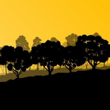 Orman ağaçlarının silhouettes doğal vahşi manzara detaylı illustr