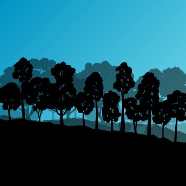 Orman ağaçlarının silhouettes doğal vahşi manzara detaylı illustr
