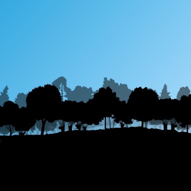 Orman ağaçlarının silhouettes doğal vahşi manzara detaylı illustr