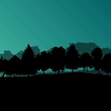 Orman ağaçlarının silhouettes doğal vahşi manzara detaylı illustr