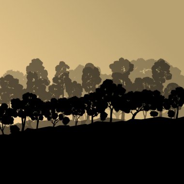 Orman ağaçlarının silhouettes doğal vahşi manzara detaylı illustr