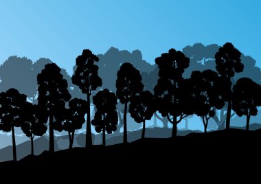 Orman ağaçlarının silhouettes doğal vahşi manzara detaylı illustr