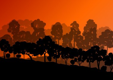 Orman ağaçlarının silhouettes doğal vahşi manzara detaylı illustr