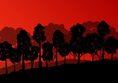 Orman ağaçlarının silhouettes doğal vahşi manzara detaylı illustr