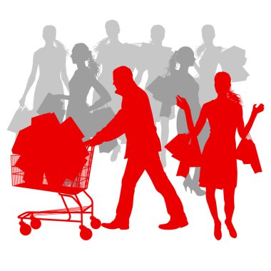 vektör backg alışveriş torbaları ile kadın ve adam alışveriş sepeti