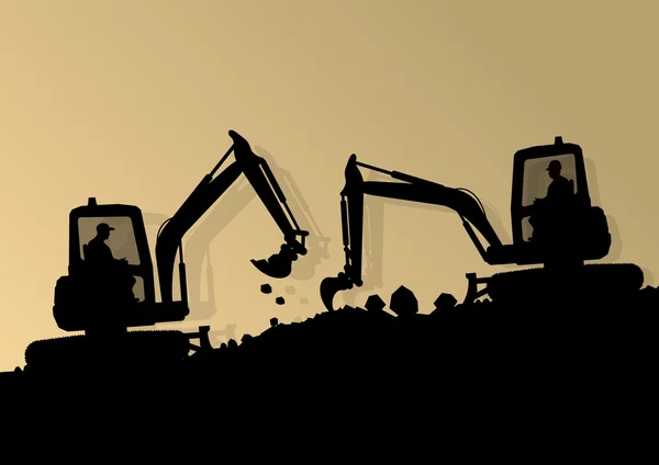 Carregador de escavadeira trator de máquina hidráulica e trabalhadores cavar um —  Vetores de Stock