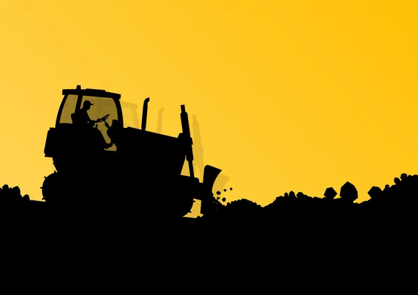 Cargador de excavadora tractor de máquina hidráulica y trabajadores excavando un — Vector de stock