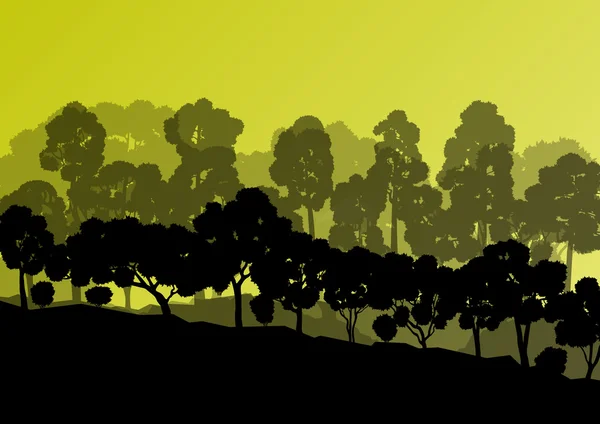 Bos bomen silhouetten natuurlijke wild landschap gedetailleerde afb — Stockvector