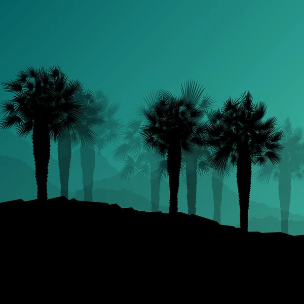 Palmera desierto oasis bosque siluetas naturaleza salvaje paisaje — Vector de stock