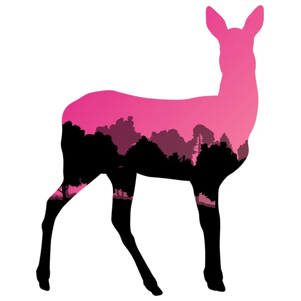Doe hertenvlees herten dierlijke silhouetten in wilde natuur bos landsc — Stockvector