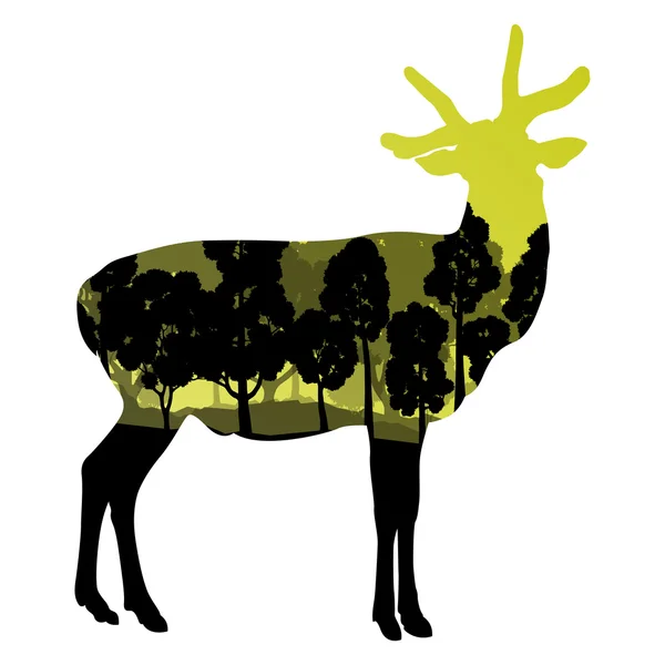 Deer wild animal silhouette in nature forest landscape abstract — Stock Vector