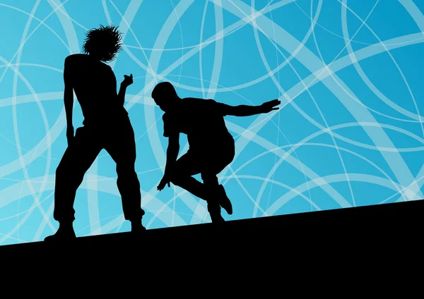 Actieve jonge man en vrouw straat break dansers silhouetten in een — Stockvector