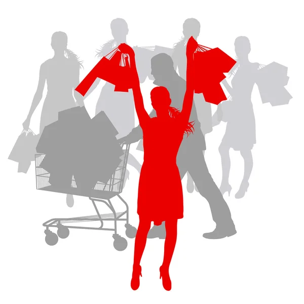 Women with shopping bags and man with shopping cart vector backg — Stock Vector