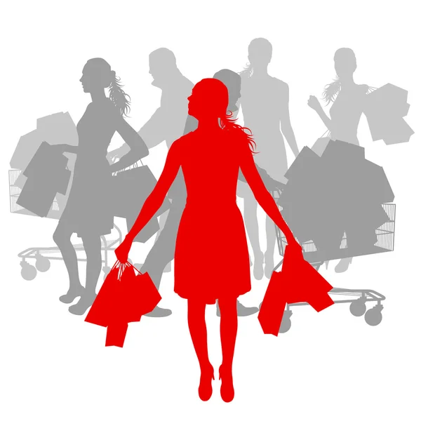 Kobiety z torby na zakupy i człowiek z zakupy koszyka backg wektor — Wektor stockowy